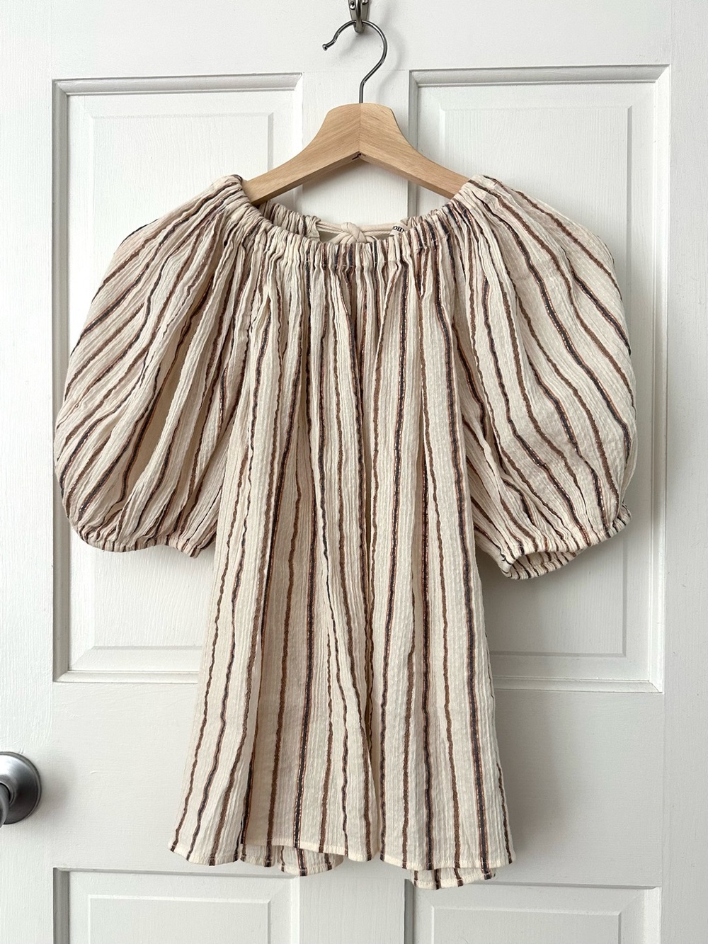 Ulla Johnson Cream Metallic Stripe Puff-Sleeve Peasant Top Tie Back Size 2